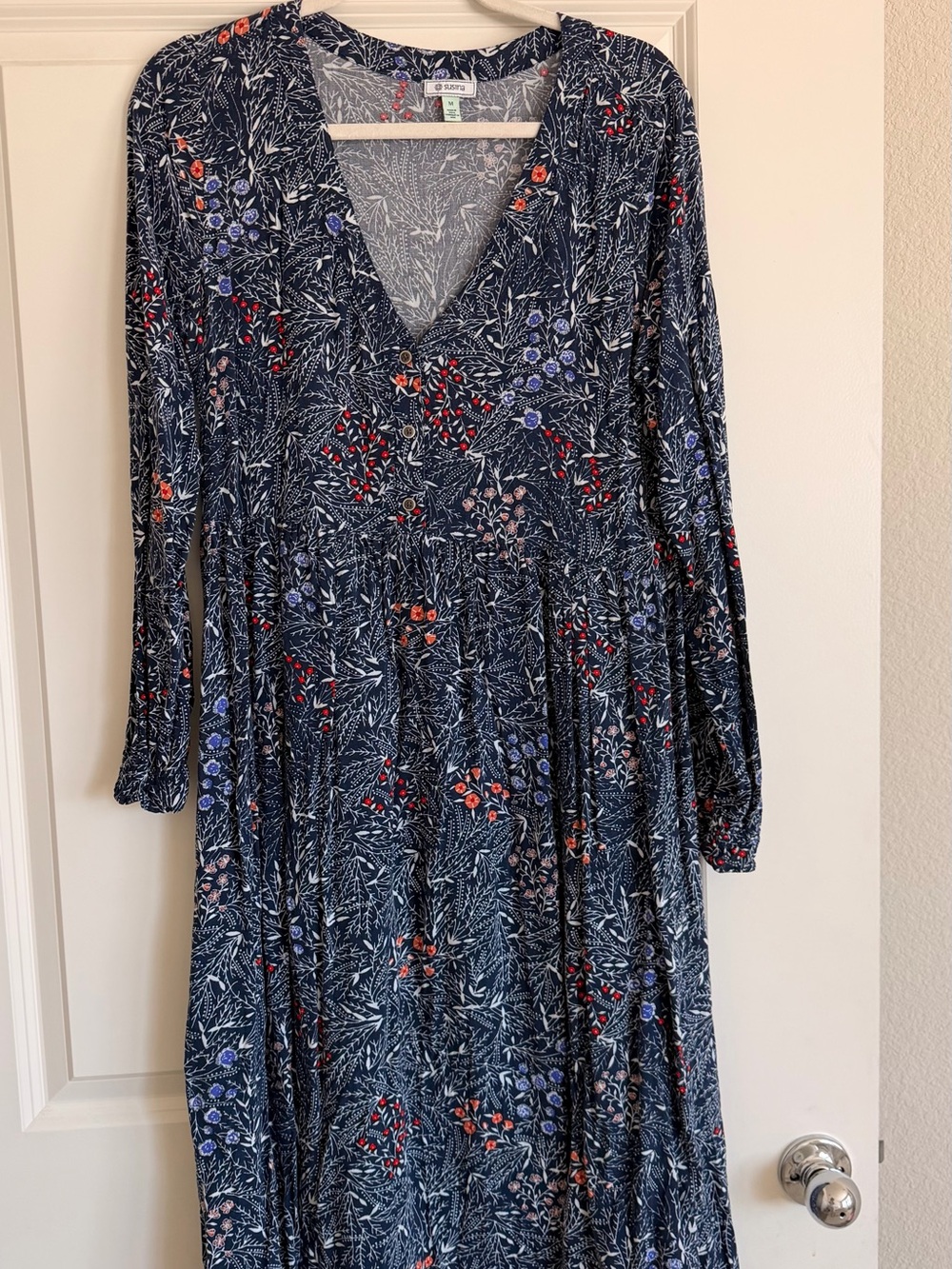 Susina Navy Floral Midi Dress with Red and Blue Accents